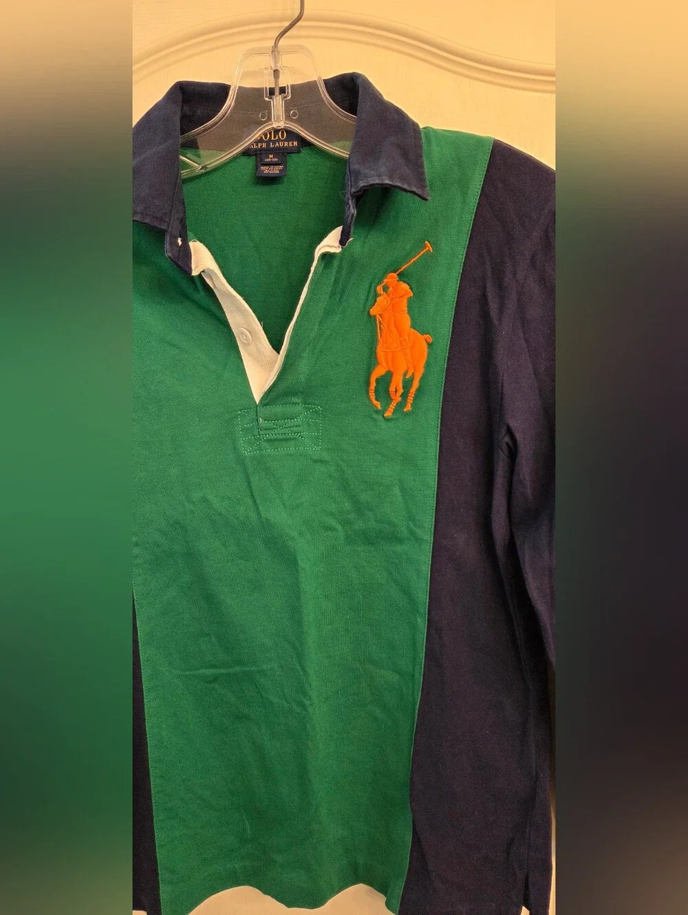 Ralph Lauren Green & Navy Long Sleeve Rugby ShirtOrange Pony Kid Size M (10-12)